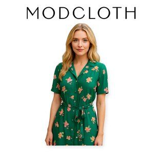 ModCloth Floral Button-Front Belted Shift Dress Size L Cottagecore Romantic